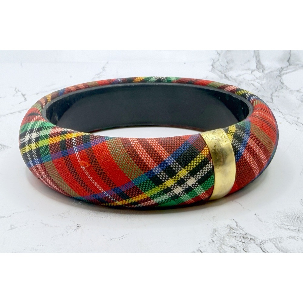 Vintage Red Plaid Fabric Bangle Bracelet Gold Tone Trim Taiwan ROC 8 Inch